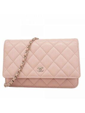 Chanel Shoulder Wallet Quilted Caviar Leather Pink Silver